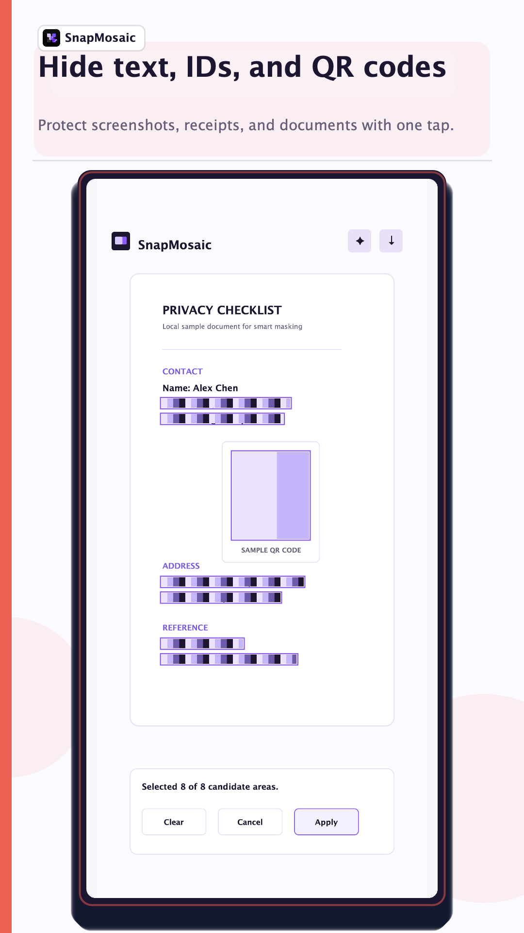SnapMosaic 1.5.0 sensitive text and QR code masking preview